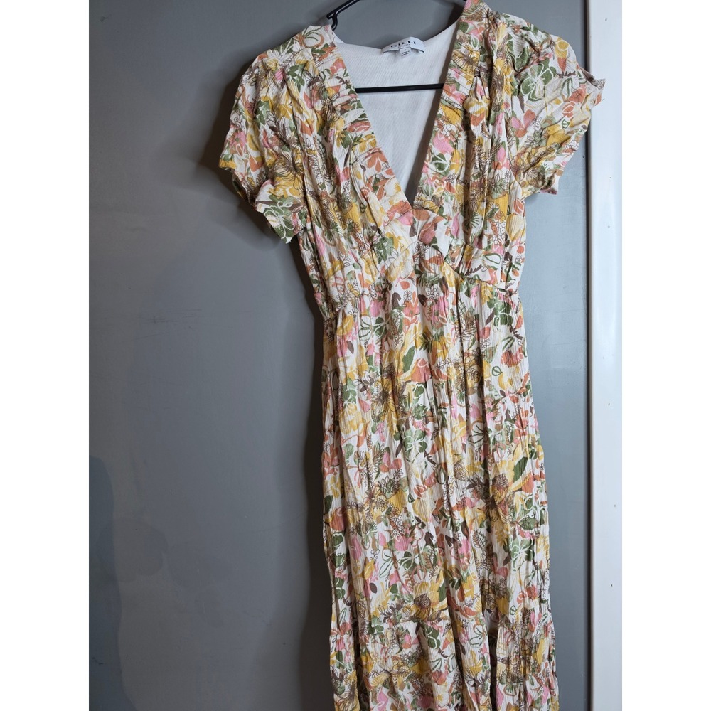 Gilli Floral V-Neck Midi Dress Small Mustard Pink Boho Ruffle Sleeve Pockets